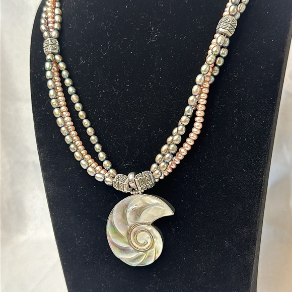 Ammonite Mother Of Pearl & Fresh Water Pearl Necklace 925 - Picture 6 of 7